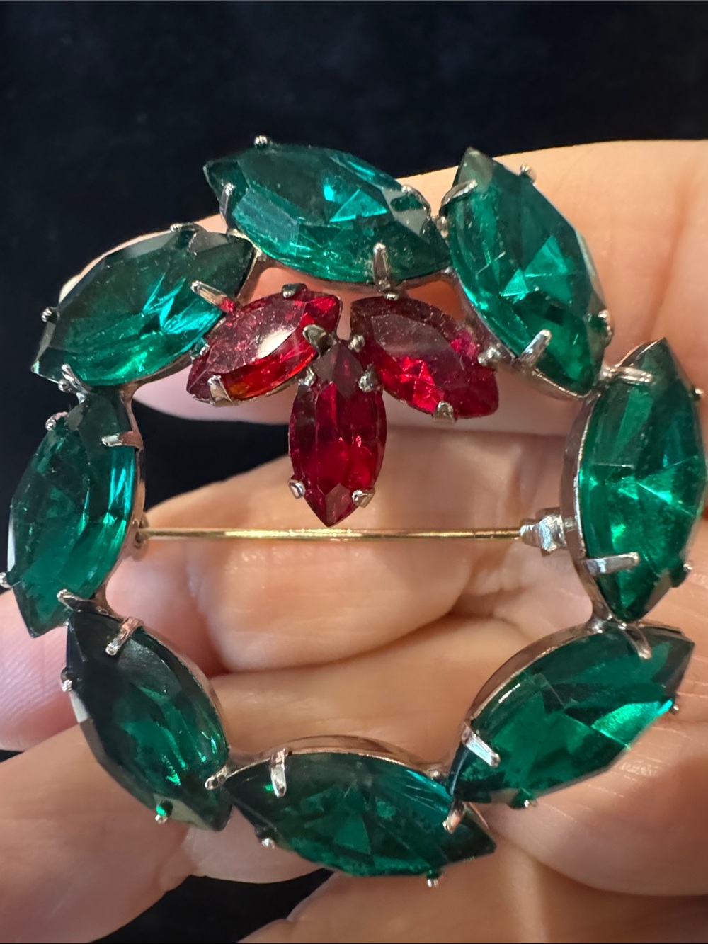 Vintage Emerald Green and Red Marquise-Cut Rhinestone Holiday Wreath Brooch
